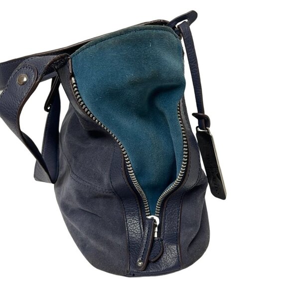 TIGNANELLO  Navy/Emerald  Green Suede Leather Shoulder Bag With Expandable Sides - Picture 7 of 13